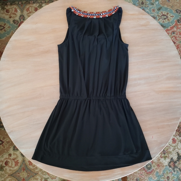 WHBM Mini SEQUINS BLACK Dress Small Beaded Necklacing Pleated Elastic Waistband - Picture 2 of 8